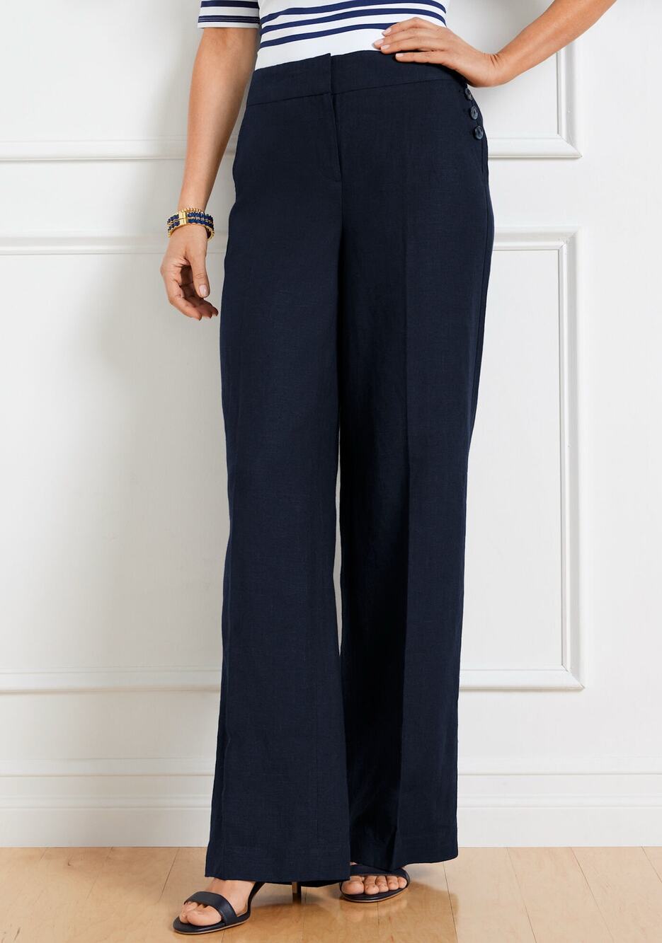 Talbots Womens 2 Navy Blue Wide Leg Linen Pants High Waist Flat Front NEW